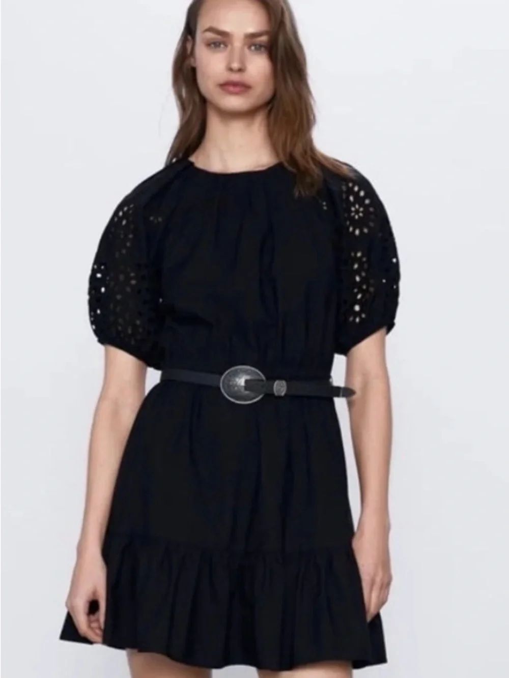 Zara Black embroidered Eyelet Puff-Sleeve Mini Dress size M